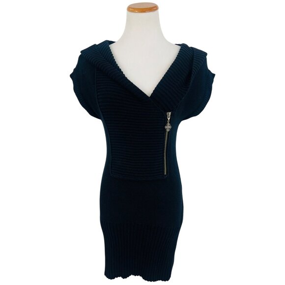 VTG Y2K GUESS Black Ribbed Hooded Mini Dress | 90s Dark Croquette Baddie Indie M - Picture 2 of 16